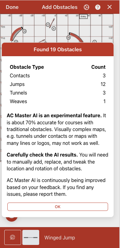 screenshot of a course map with a dialog show 19 obstacles found by AI.